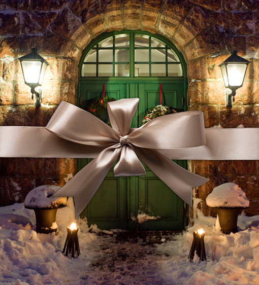 Snötäckt hotellentré