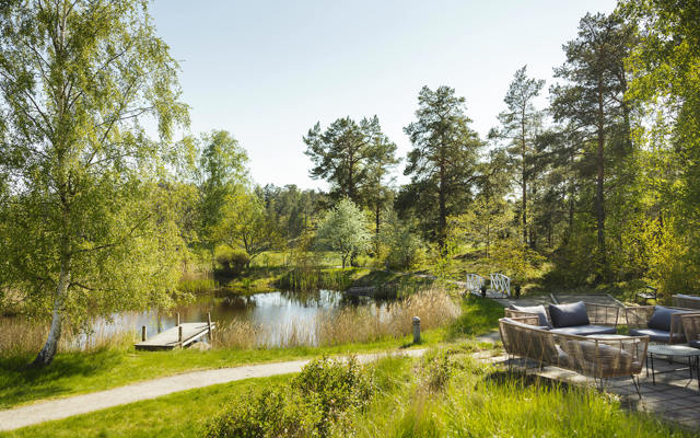 Vacker utomhusmiljö med en liten sjö omringad av grön natur