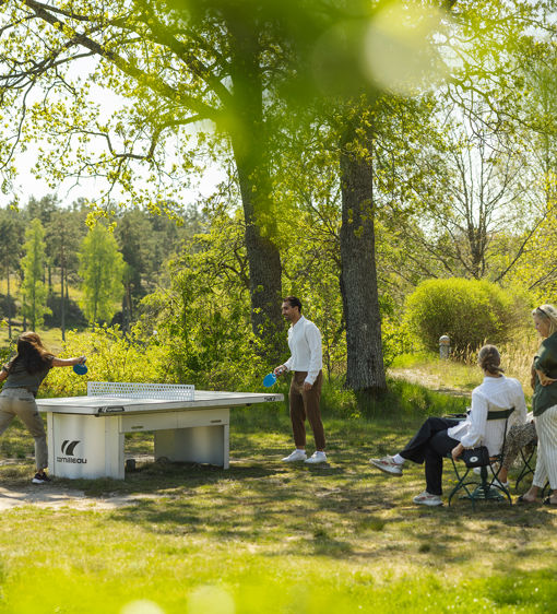 En grupp spelar pingis utomhus omgiven av vacker natur